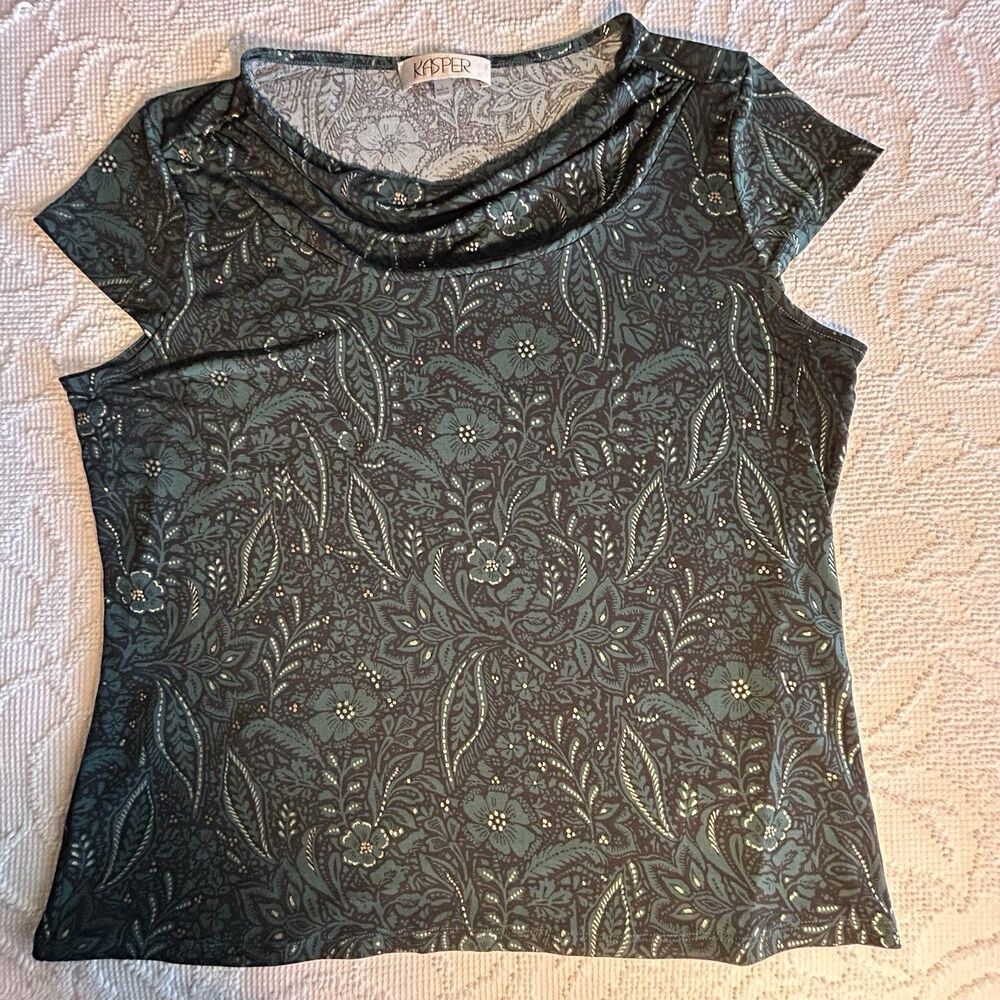 Kasper Floral Cowl Neck Cap Sleeve Pullover Blouse L Green Minimalist Work